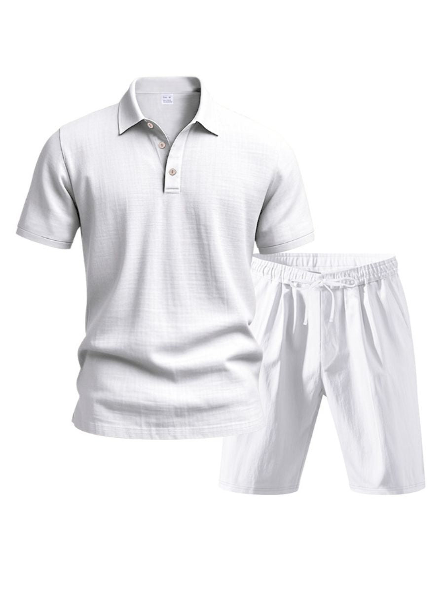 Saint - Ensemble d'Été en Lin Deux Pièces Polo à Manches Courtes avec Boutons et Short à Taille Élastique