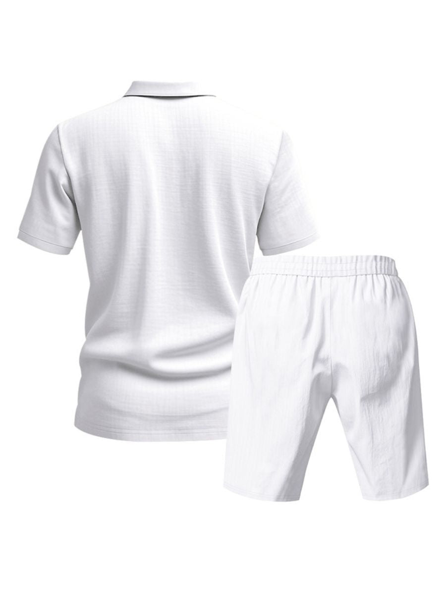 Saint - Ensemble d'Été en Lin Deux Pièces Polo à Manches Courtes avec Boutons et Short à Taille Élastique