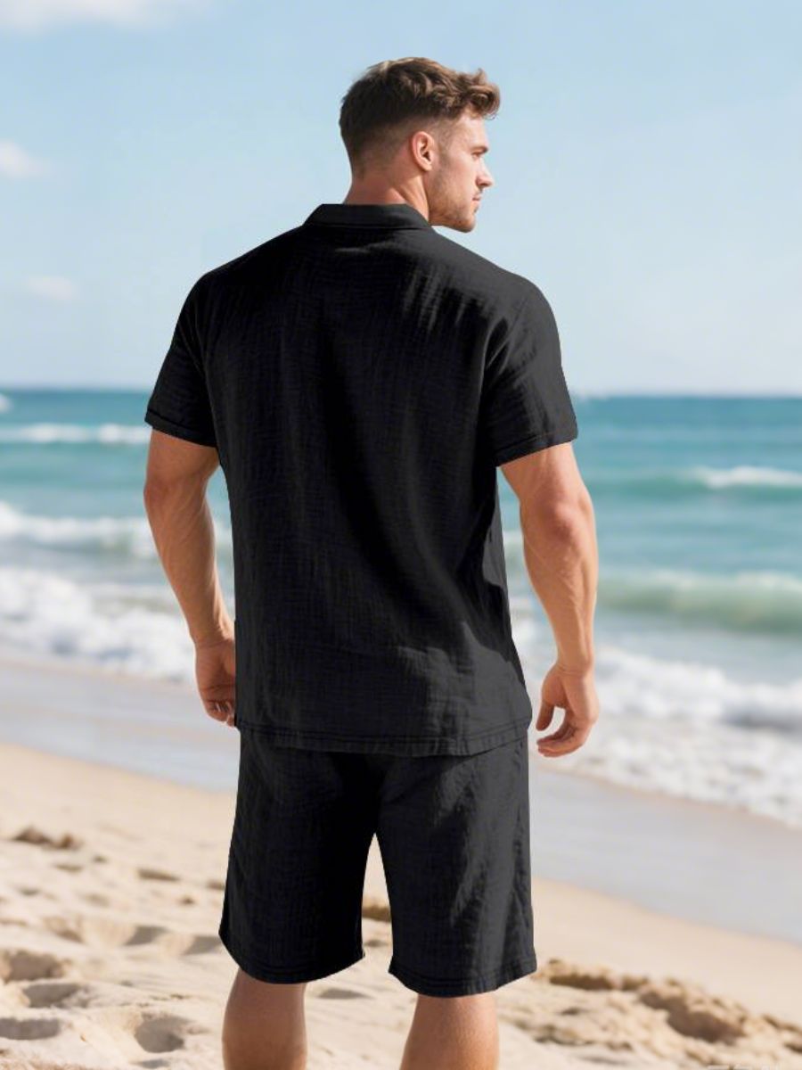 Saint - Ensemble d'Été en Lin Deux Pièces Polo à Manches Courtes avec Boutons et Short à Taille Élastique
