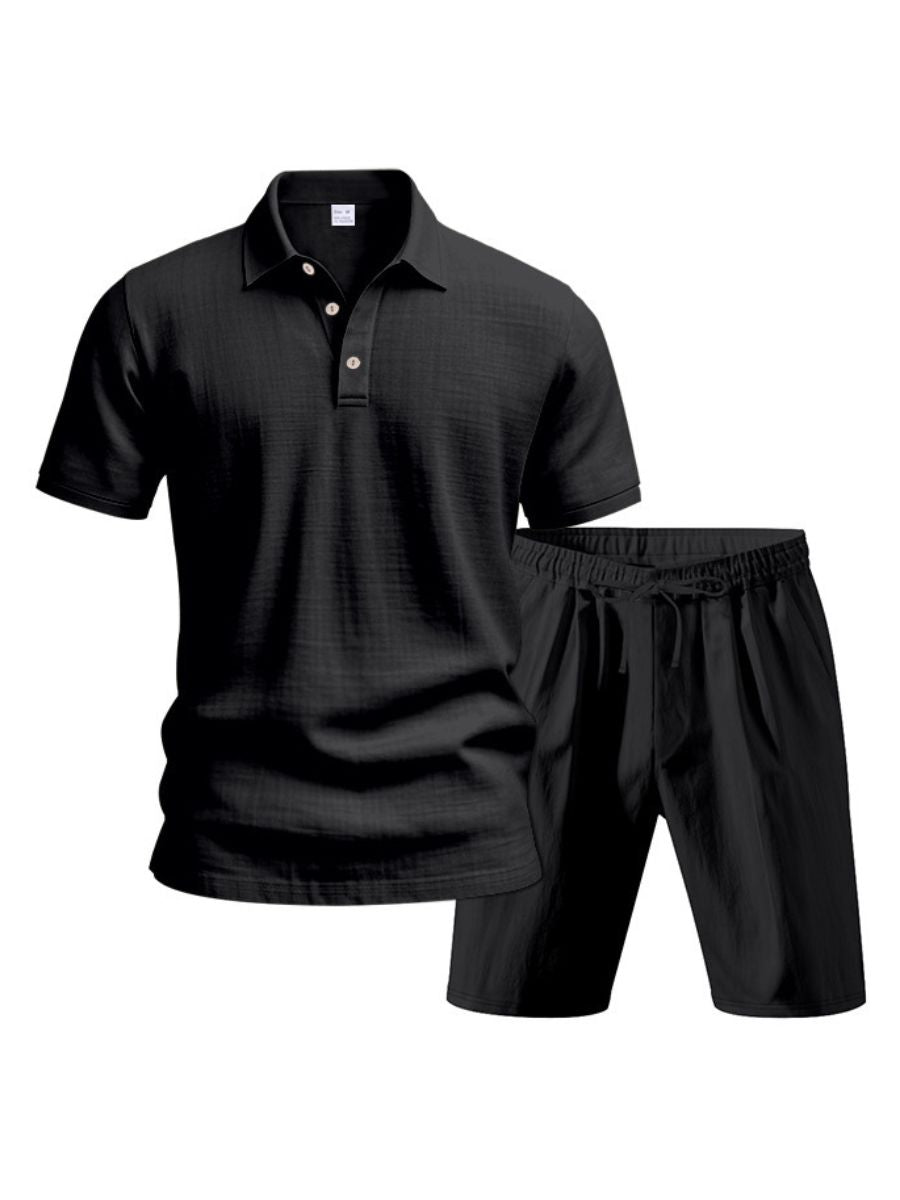 Saint - Ensemble d'Été en Lin Deux Pièces Polo à Manches Courtes avec Boutons et Short à Taille Élastique