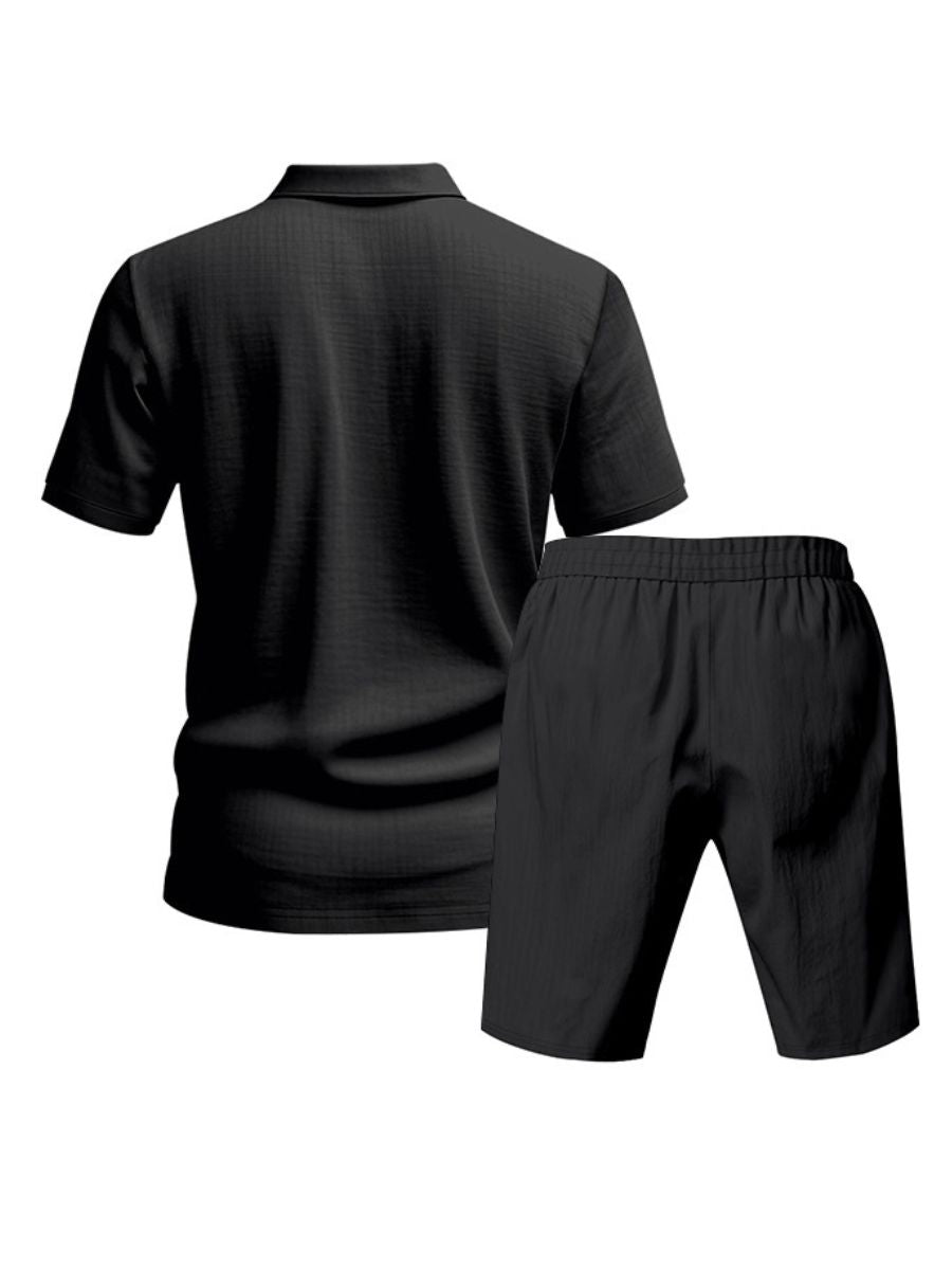 Saint - Ensemble d'Été en Lin Deux Pièces Polo à Manches Courtes avec Boutons et Short à Taille Élastique