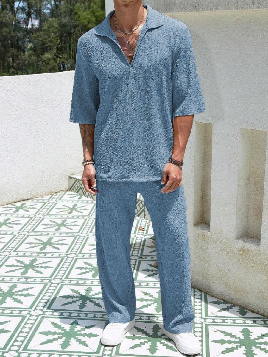 Alex - Ensemble d'Été Texturé à Deux Pièces pour Hommes avec T-shirt à Col V et Manches Mi Longues et Pantalon Large