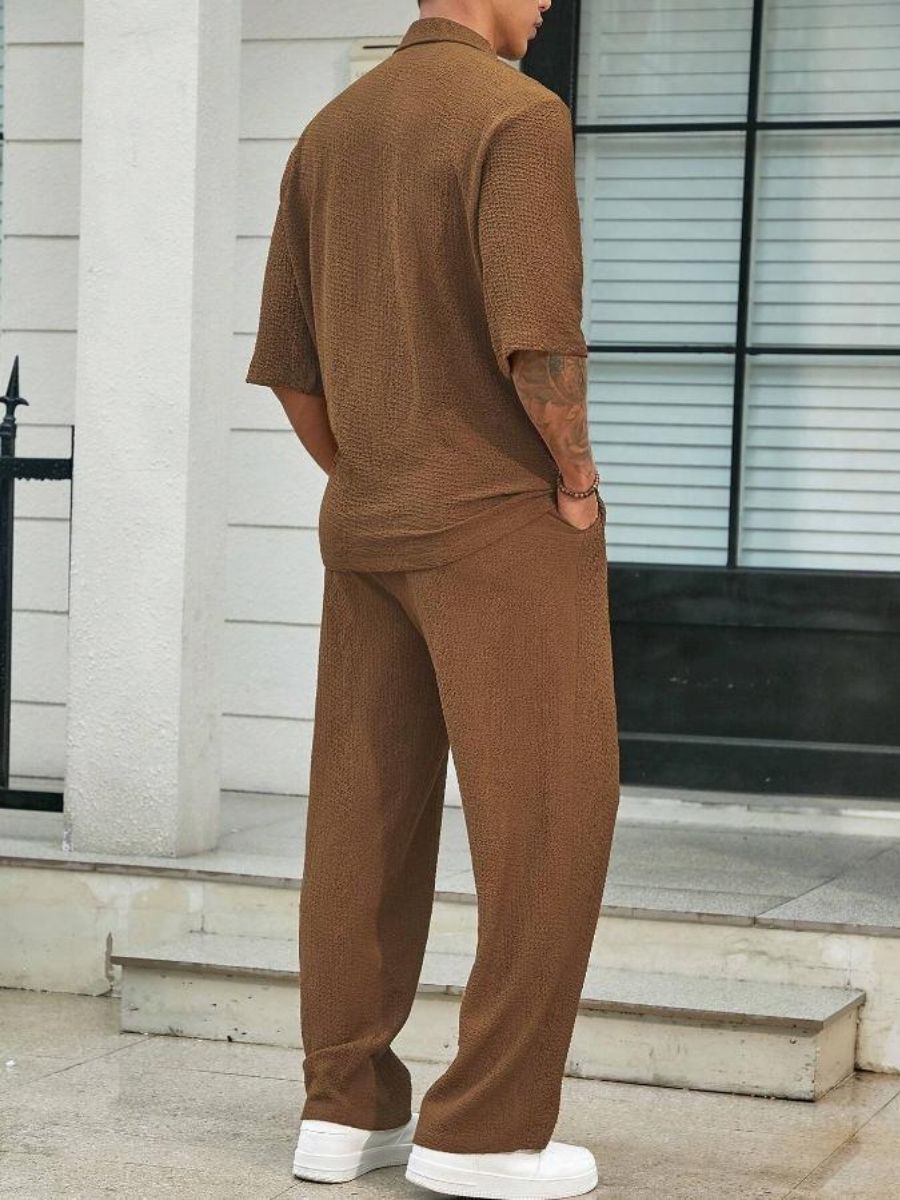 Alex - Ensemble d'Été Texturé à Deux Pièces pour Hommes avec T-shirt à Col V et Manches Mi Longues et Pantalon Large