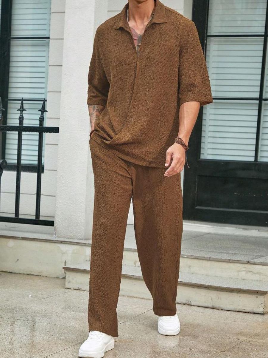 Alex - Ensemble d'Été Texturé à Deux Pièces pour Hommes avec T-shirt à Col V et Manches Mi Longues et Pantalon Large