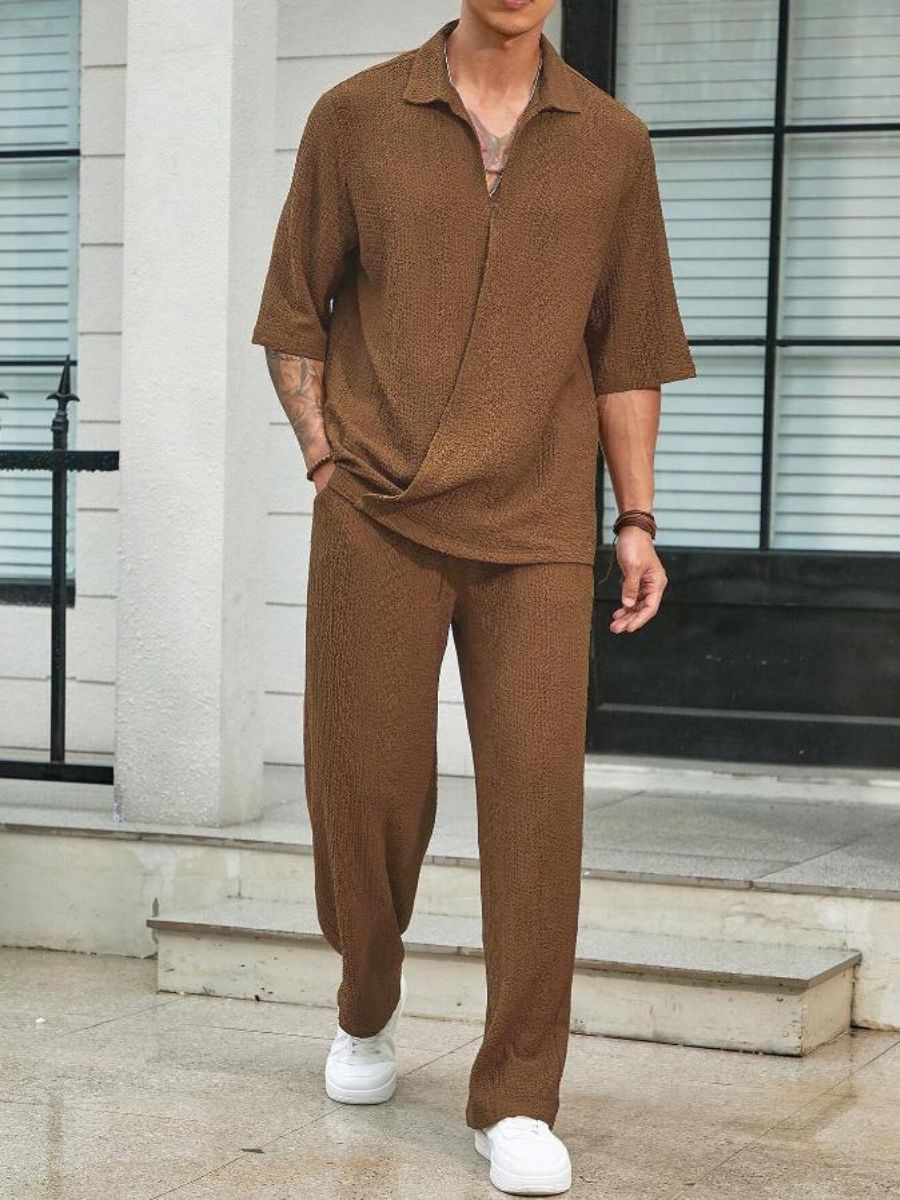 Alex - Ensemble d'Été Texturé à Deux Pièces pour Hommes avec T-shirt à Col V et Manches Mi Longues et Pantalon Large