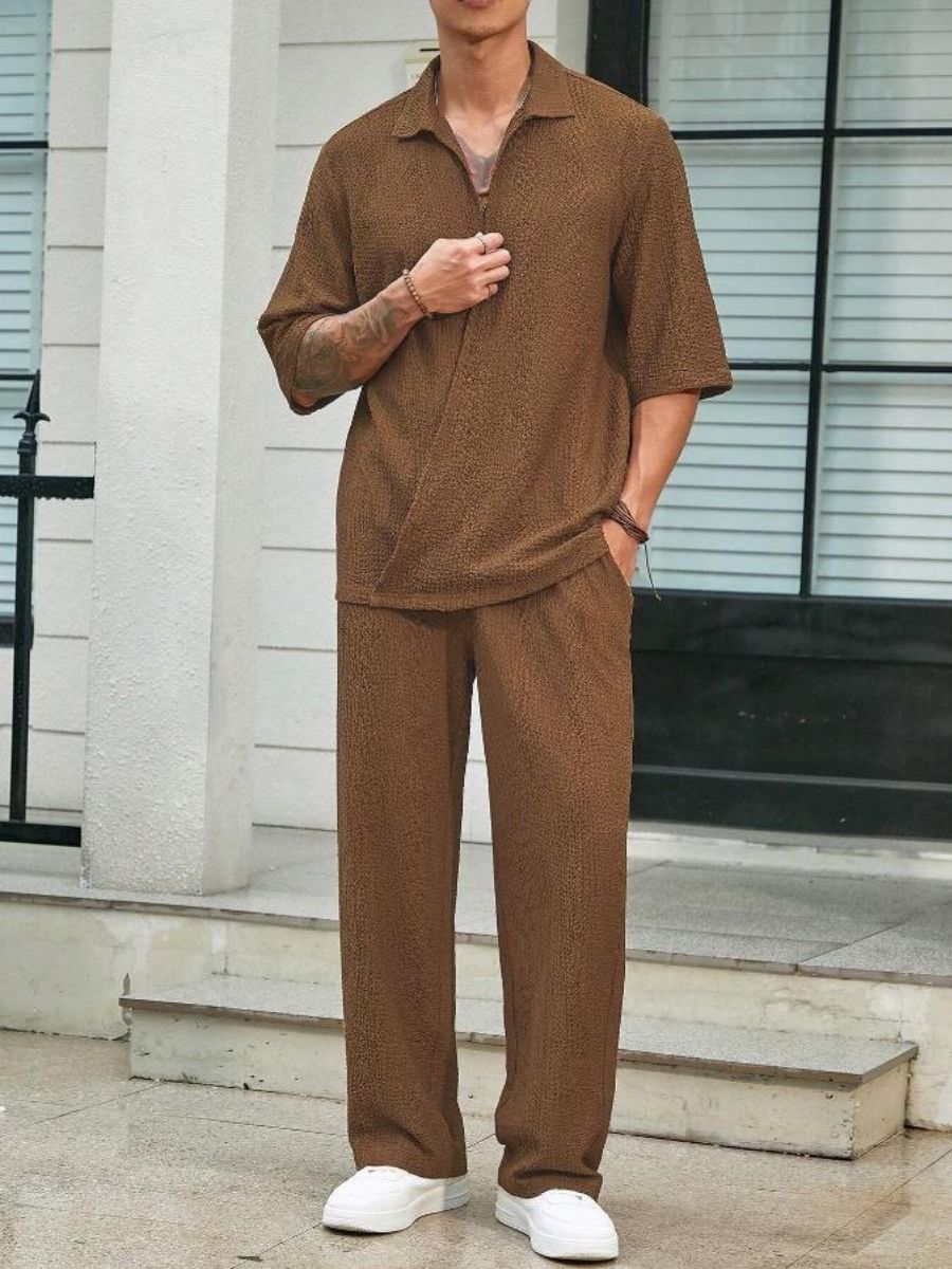Alex - Ensemble d'Été Texturé à Deux Pièces pour Hommes avec T-shirt à Col V et Manches Mi Longues et Pantalon Large
