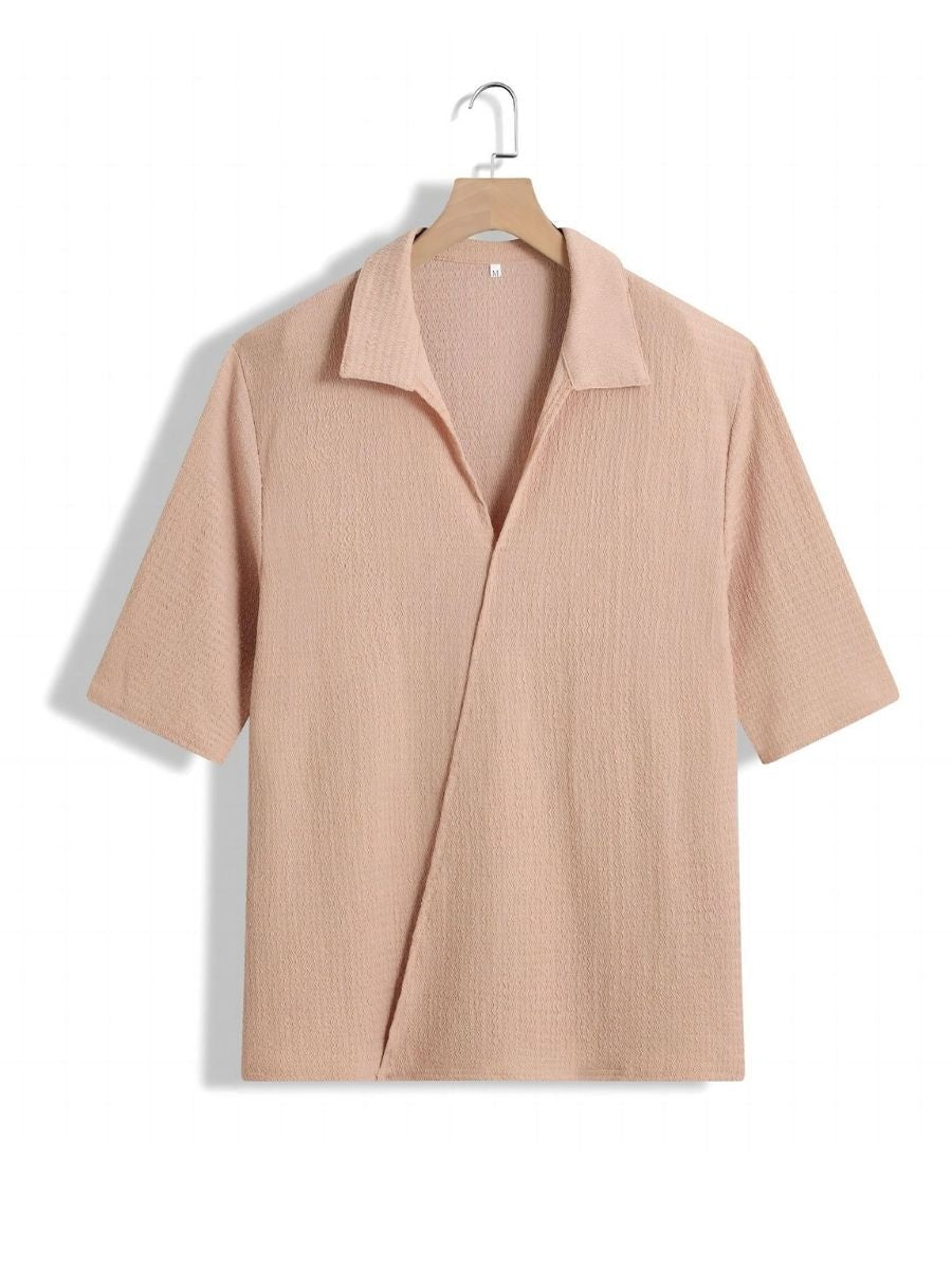 Alex - Ensemble d'Été Texturé à Deux Pièces pour Hommes avec T-shirt à Col V et Manches Mi Longues et Pantalon Large