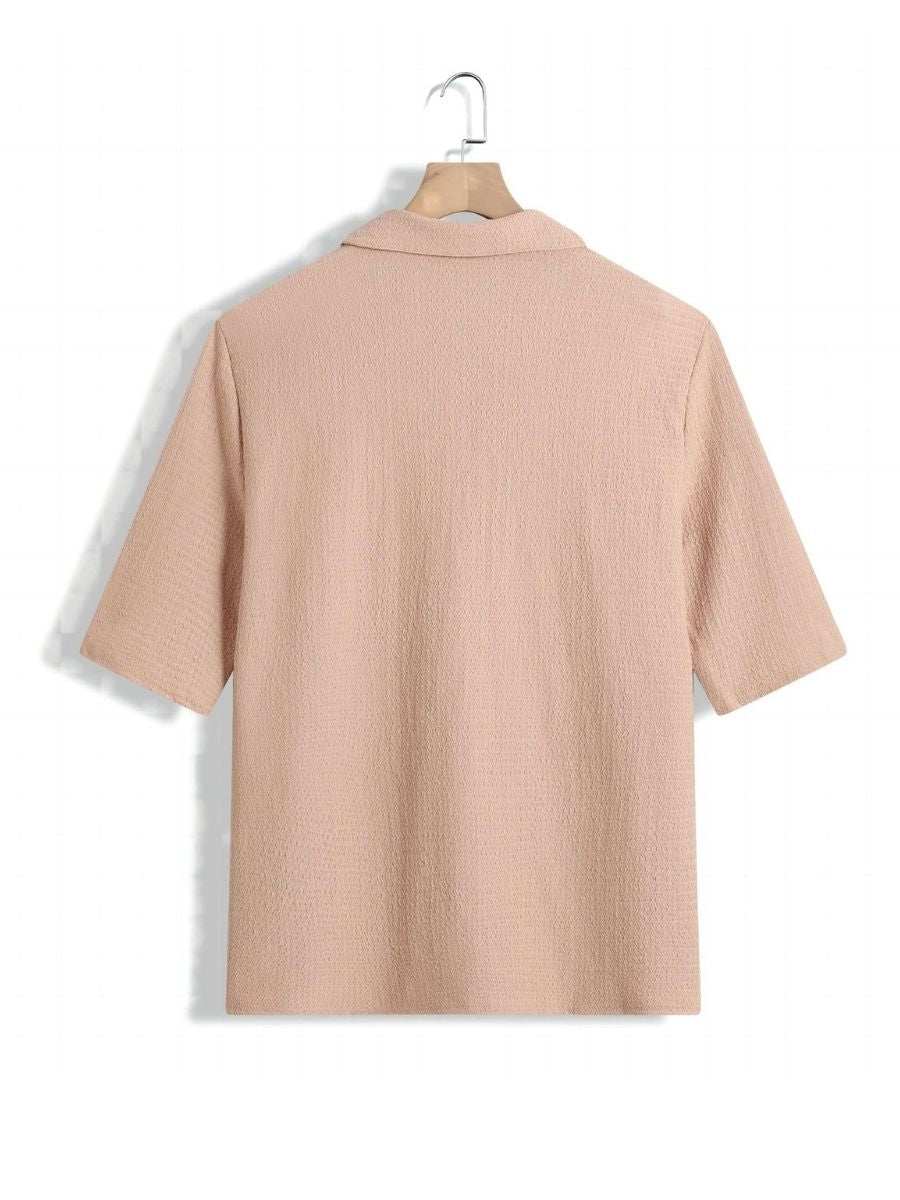 Alex - Ensemble d'Été Texturé à Deux Pièces pour Hommes avec T-shirt à Col V et Manches Mi Longues et Pantalon Large