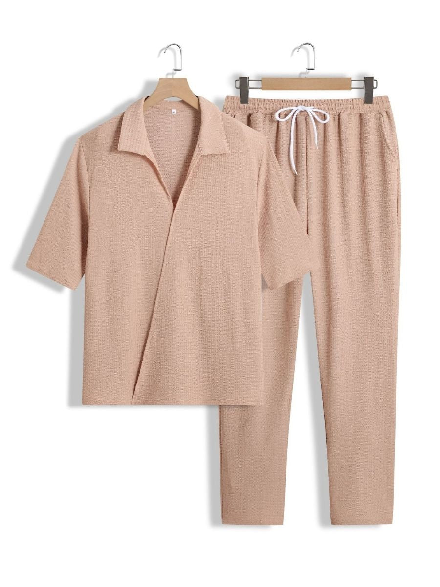 Alex - Ensemble d'Été Texturé à Deux Pièces pour Hommes avec T-shirt à Col V et Manches Mi Longues et Pantalon Large