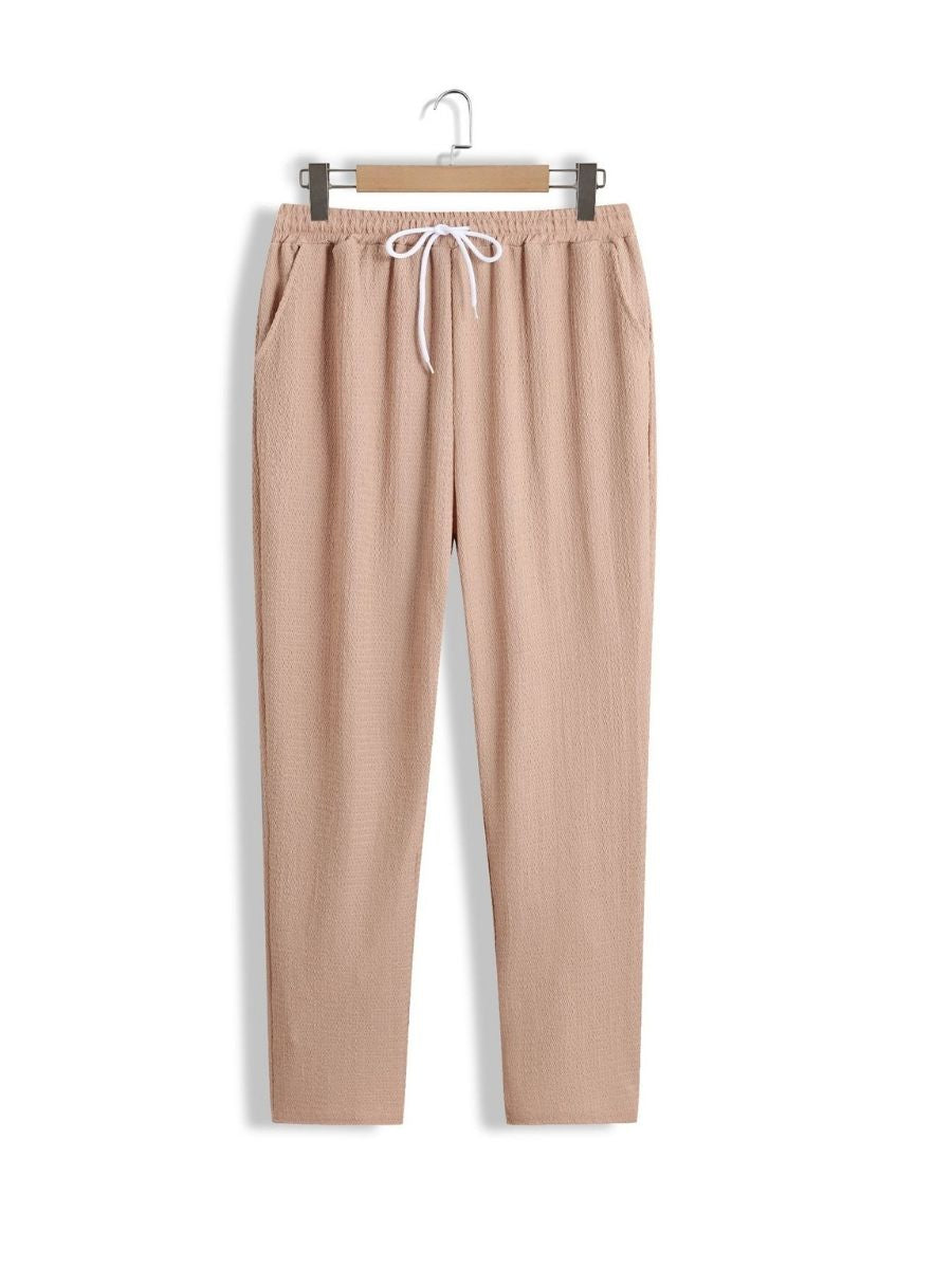 Alex - Ensemble d'Été Texturé à Deux Pièces pour Hommes avec T-shirt à Col V et Manches Mi Longues et Pantalon Large