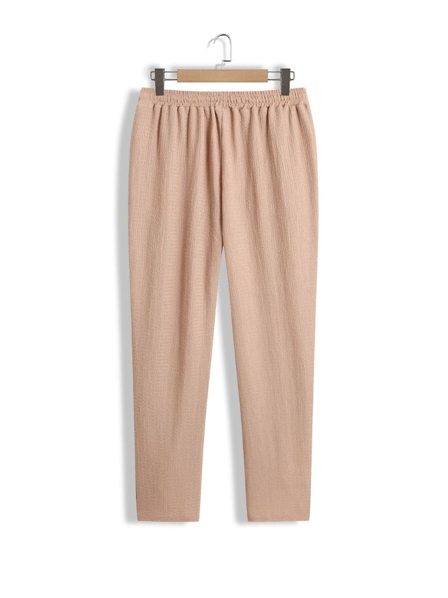 Alex - Ensemble d'Été Texturé à Deux Pièces pour Hommes avec T-shirt à Col V et Manches Mi Longues et Pantalon Large