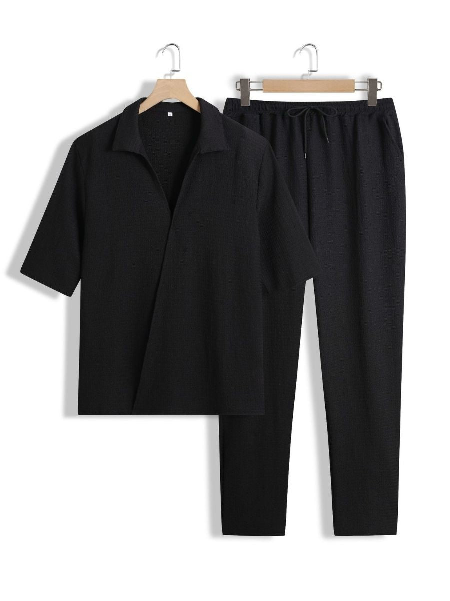 Alex - Ensemble d'Été Texturé à Deux Pièces pour Hommes avec T-shirt à Col V et Manches Mi Longues et Pantalon Large