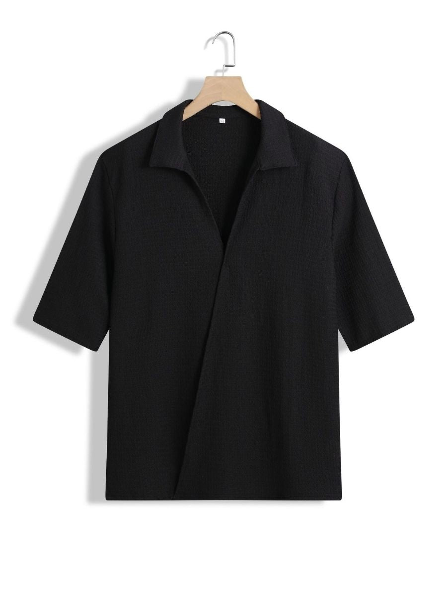 Alex - Ensemble d'Été Texturé à Deux Pièces pour Hommes avec T-shirt à Col V et Manches Mi Longues et Pantalon Large