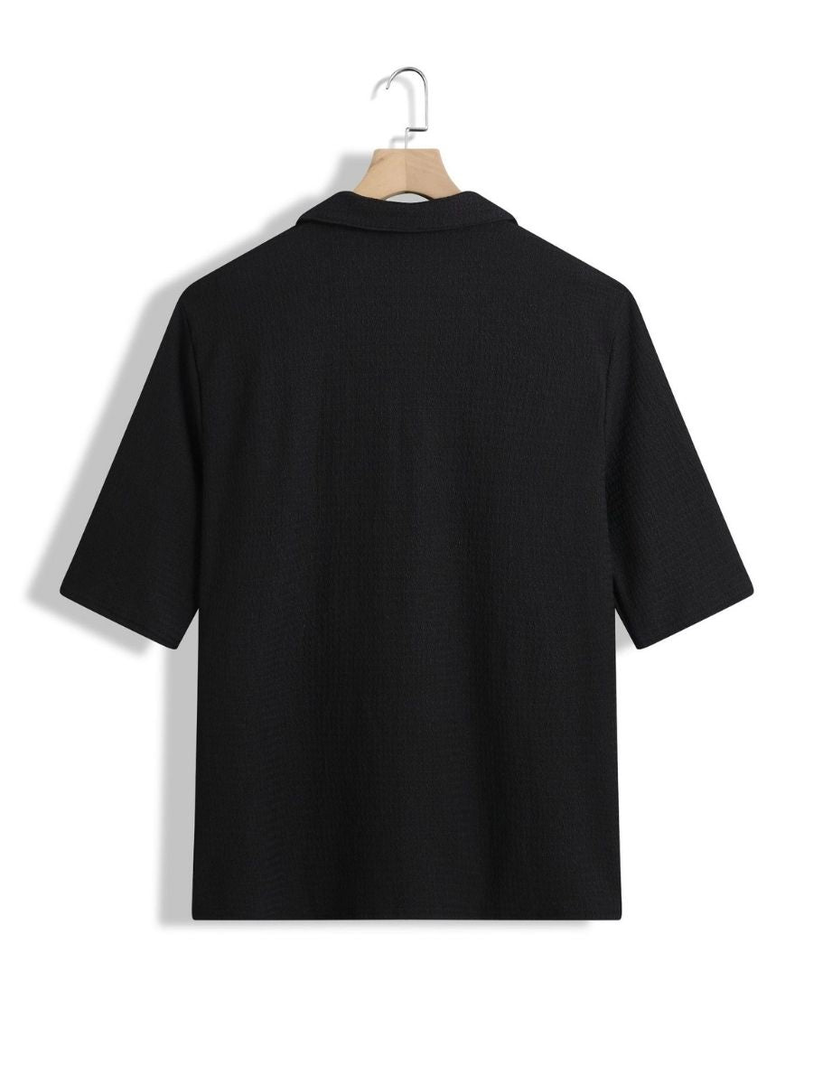 Alex - Ensemble d'Été Texturé à Deux Pièces pour Hommes avec T-shirt à Col V et Manches Mi Longues et Pantalon Large