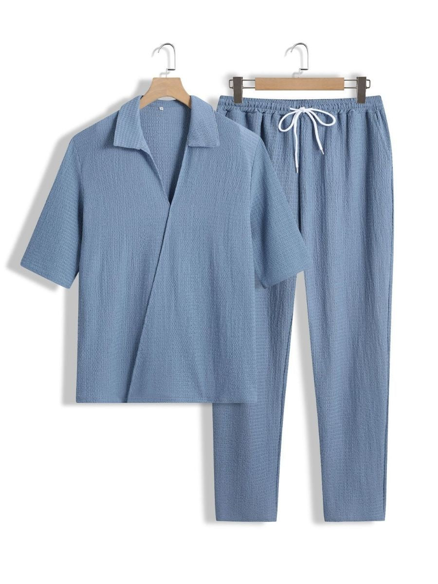 Alex - Ensemble d'Été Texturé à Deux Pièces pour Hommes avec T-shirt à Col V et Manches Mi Longues et Pantalon Large
