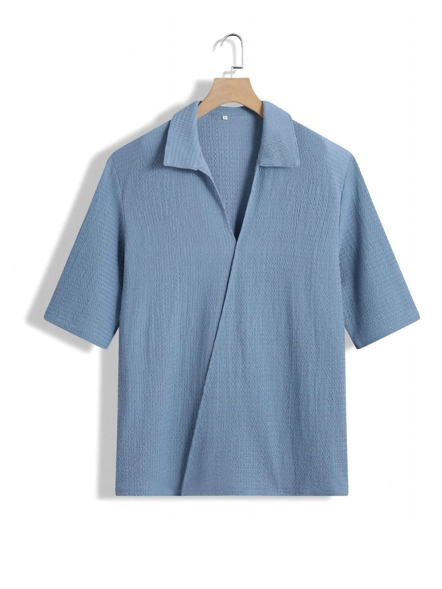 Alex - Ensemble d'Été Texturé à Deux Pièces pour Hommes avec T-shirt à Col V et Manches Mi Longues et Pantalon Large