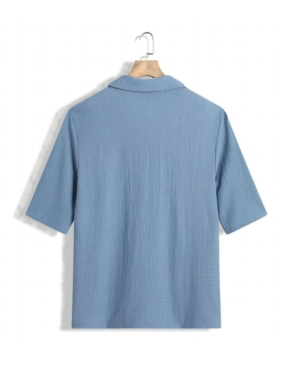 Alex - Ensemble d'Été Texturé à Deux Pièces pour Hommes avec T-shirt à Col V et Manches Mi Longues et Pantalon Large