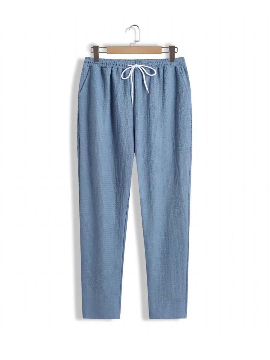 Alex - Ensemble d'Été Texturé à Deux Pièces pour Hommes avec T-shirt à Col V et Manches Mi Longues et Pantalon Large