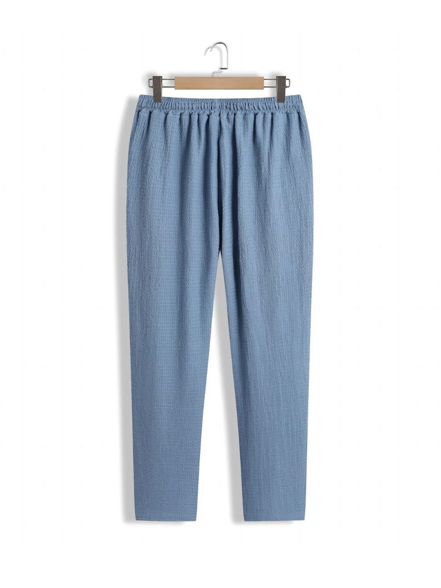 Alex - Ensemble d'Été Texturé à Deux Pièces pour Hommes avec T-shirt à Col V et Manches Mi Longues et Pantalon Large
