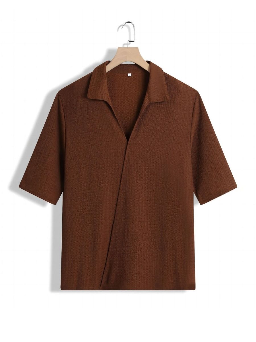 Alex - Ensemble d'Été Texturé à Deux Pièces pour Hommes avec T-shirt à Col V et Manches Mi Longues et Pantalon Large