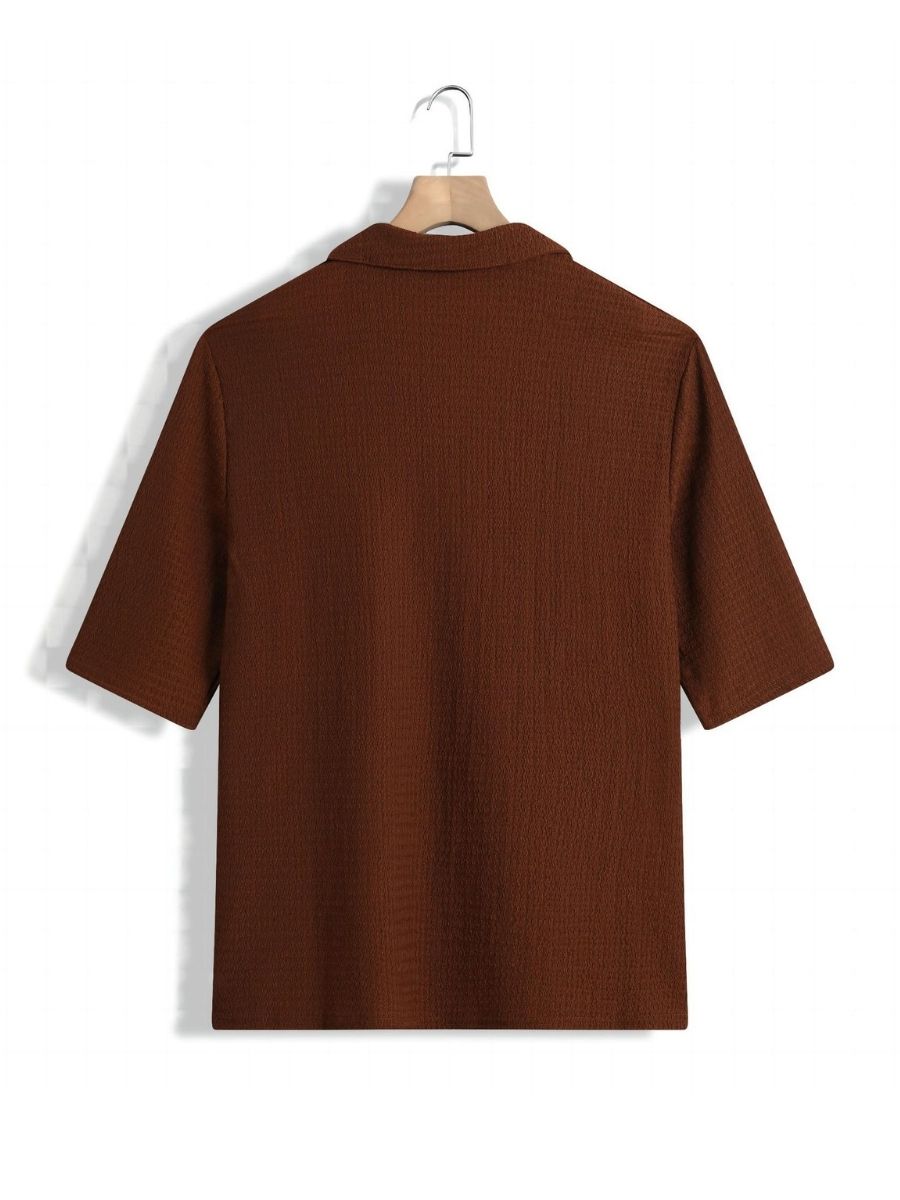Alex - Ensemble d'Été Texturé à Deux Pièces pour Hommes avec T-shirt à Col V et Manches Mi Longues et Pantalon Large