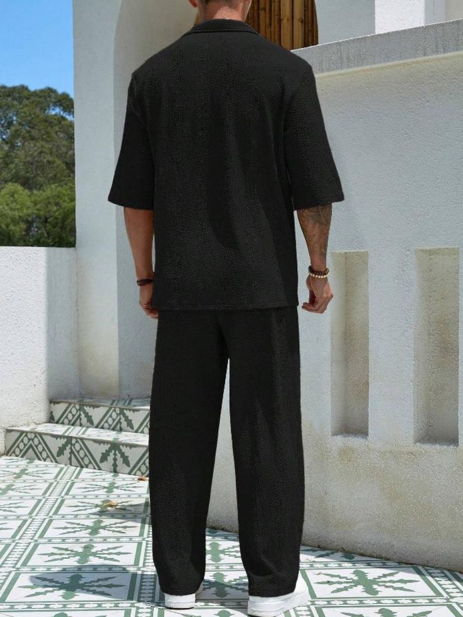 Alex - Ensemble d'Été Texturé à Deux Pièces pour Hommes avec T-shirt à Col V et Manches Mi Longues et Pantalon Large