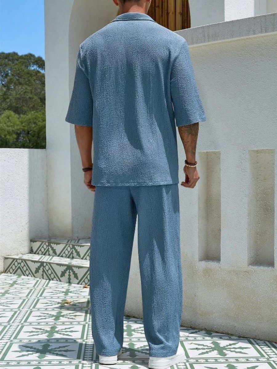Alex - Ensemble d'Été Texturé à Deux Pièces pour Hommes avec T-shirt à Col V et Manches Mi Longues et Pantalon Large
