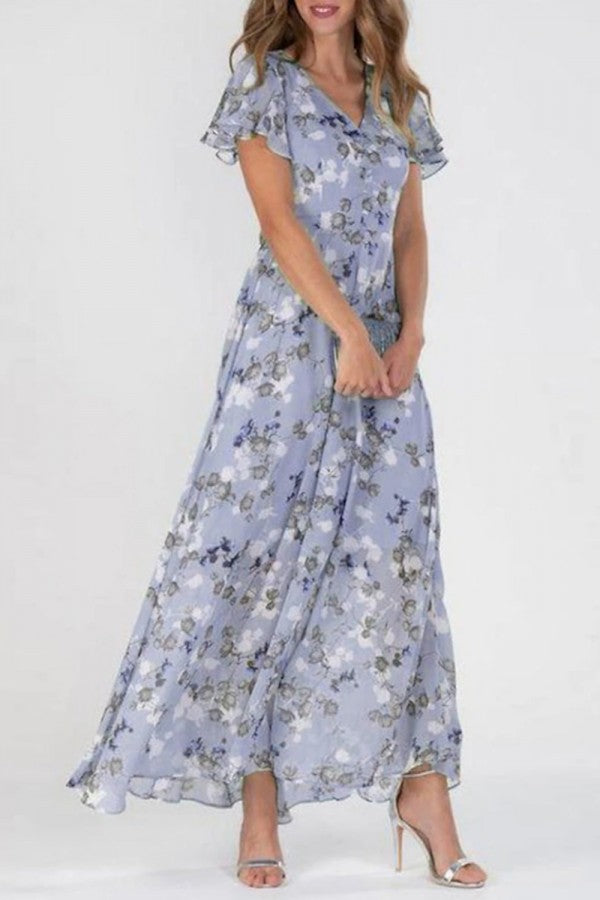 Lyra - Robe Maxi en Chiffon à Fleurs avec Volants Col V et Manches Courtes