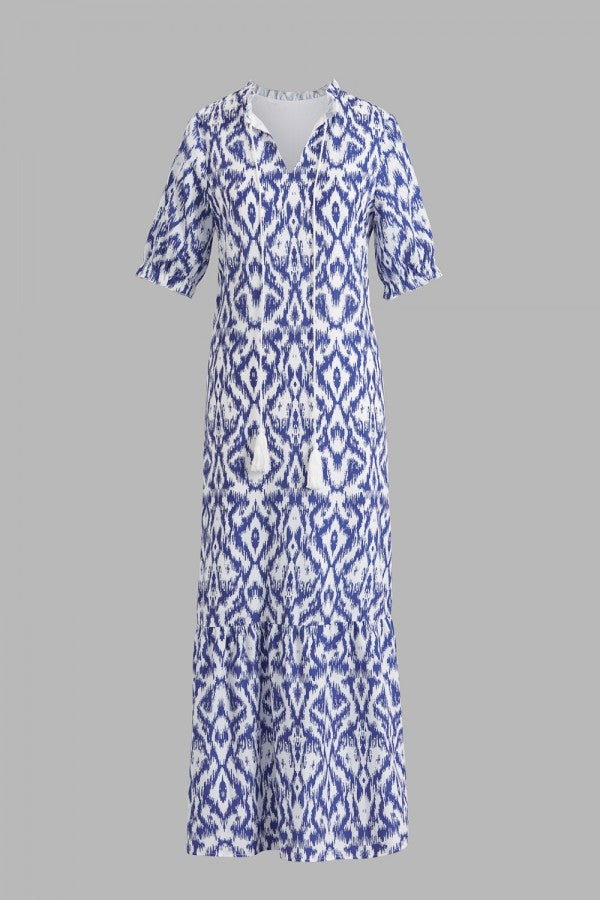Nova - Robe Maxi à Imprimé Géométrique Col V et Manches Mi-longues Bleu