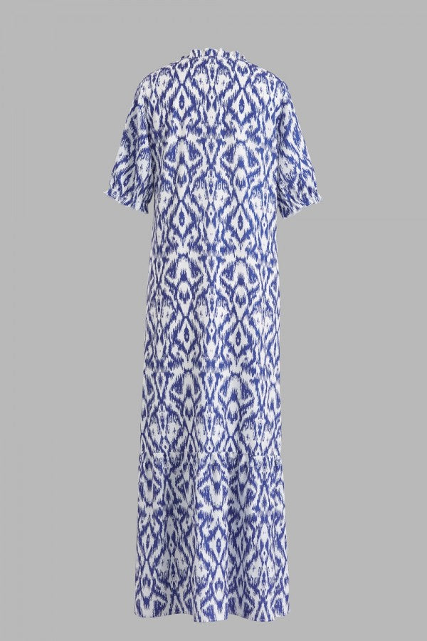 Nova - Robe Maxi à Imprimé Géométrique Col V et Manches Mi-longues Bleu