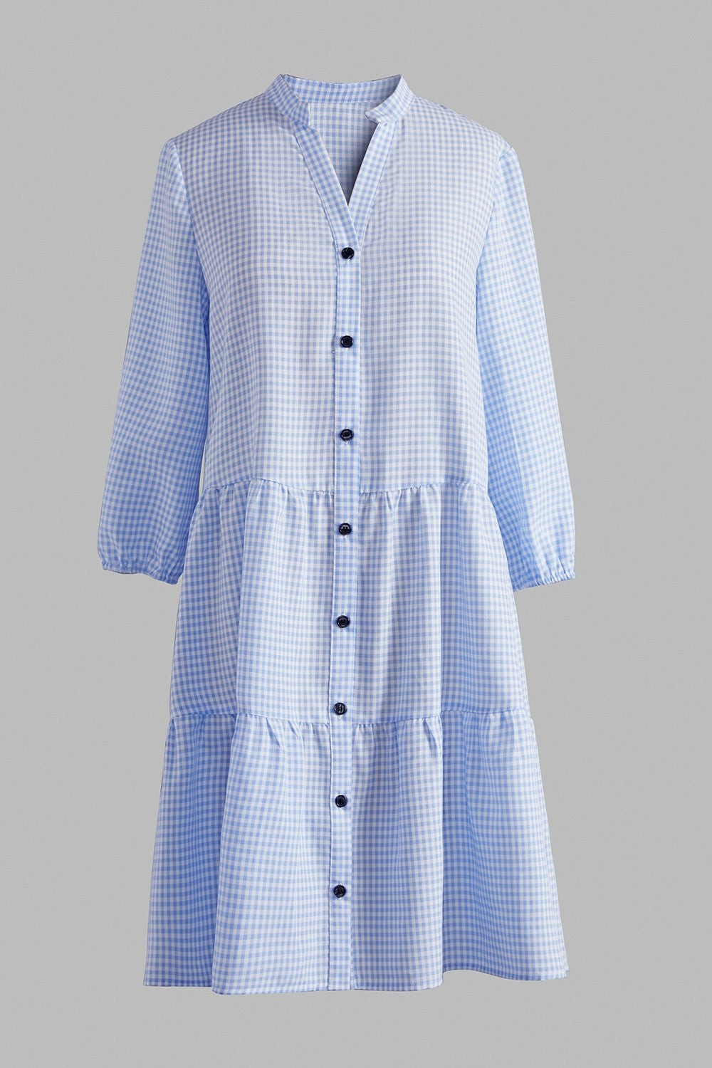 Azura - Robe Chemise à Carreaux Bleu Clair avec Fermeture Boutonnée et Manches Mi-Longues