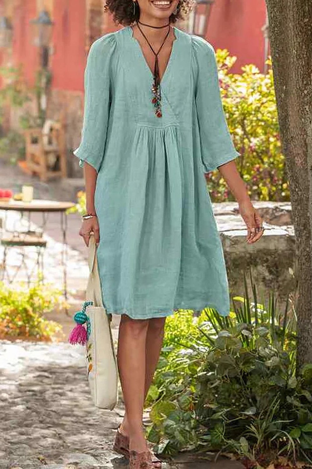 Seren - Robe ou Cache-maillot Décontractée en Coton-Lin Vert à Manches 3/4 et Coupe Ample