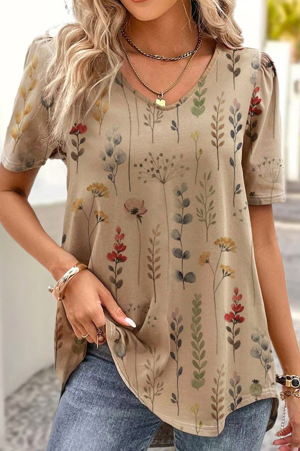 Livia - T-shirt Décontracté à Manches Courtes et Col en V avec Motif Floral