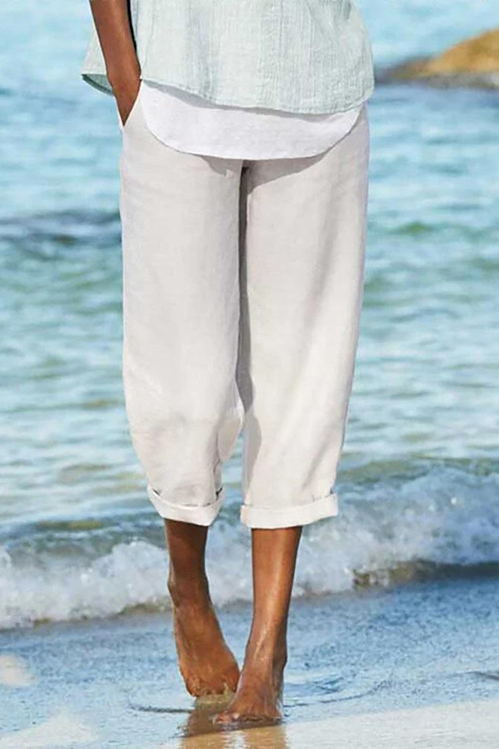 Zélie - Pantalon 3/4 en Coton-Lin Uni pour l'Été avec Taille Élastique