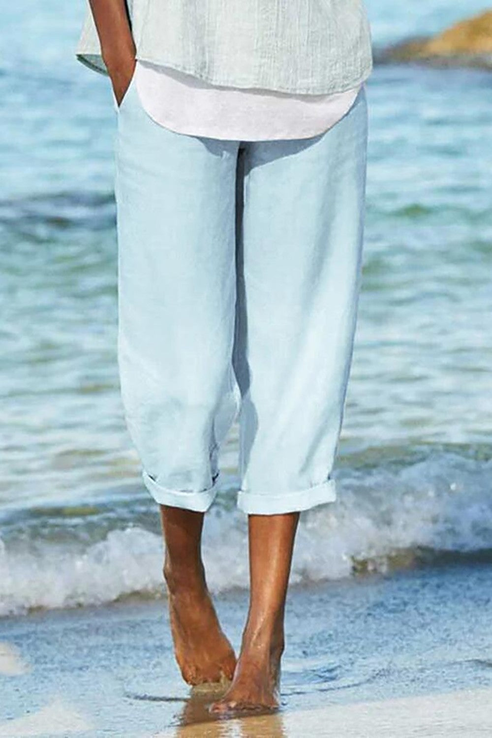 Zélie - Pantalon 3/4 en Coton-Lin Uni pour l'Été avec Taille Élastique