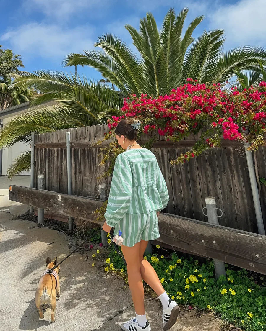 Mendy - Ensemble top à peplum rayé et short
