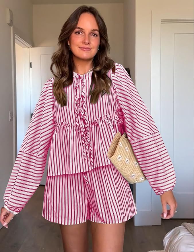 Sophie - Ensemble top à manches longues rayé et short