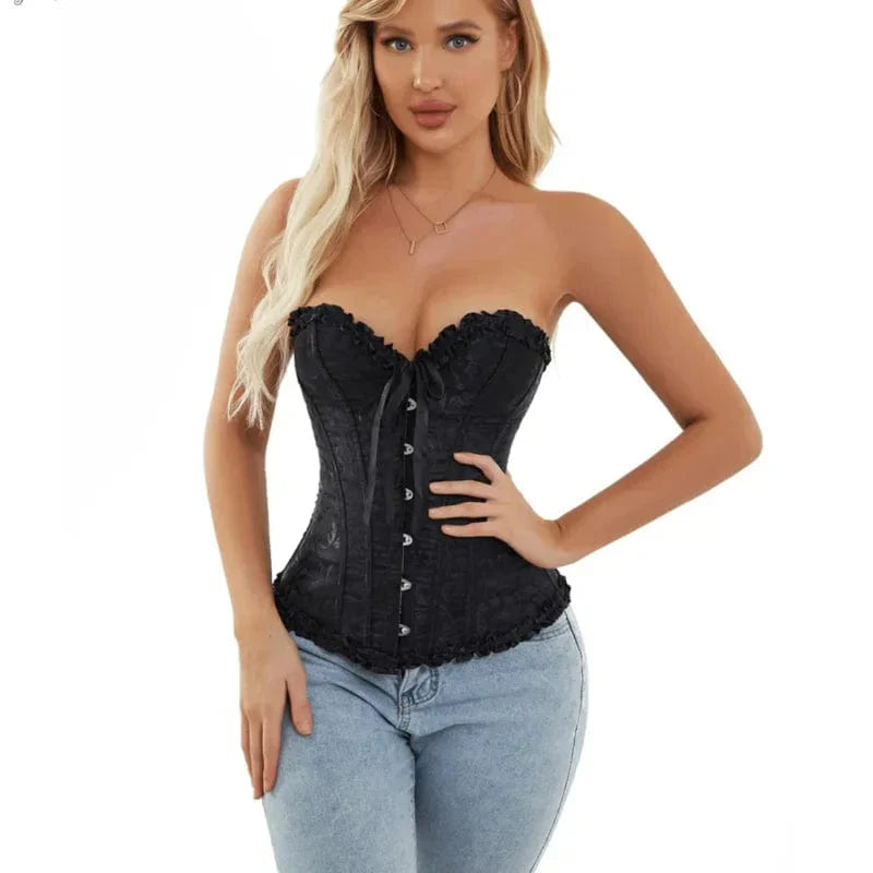 Maëva - Corset féminin burlesque en dentelle détaillé avec volants et petit nœud