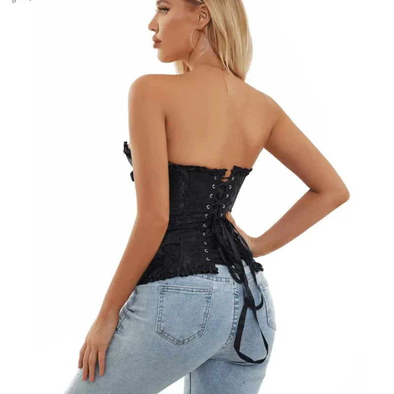 Maëva - Corset féminin burlesque en dentelle détaillé avec volants et petit nœud