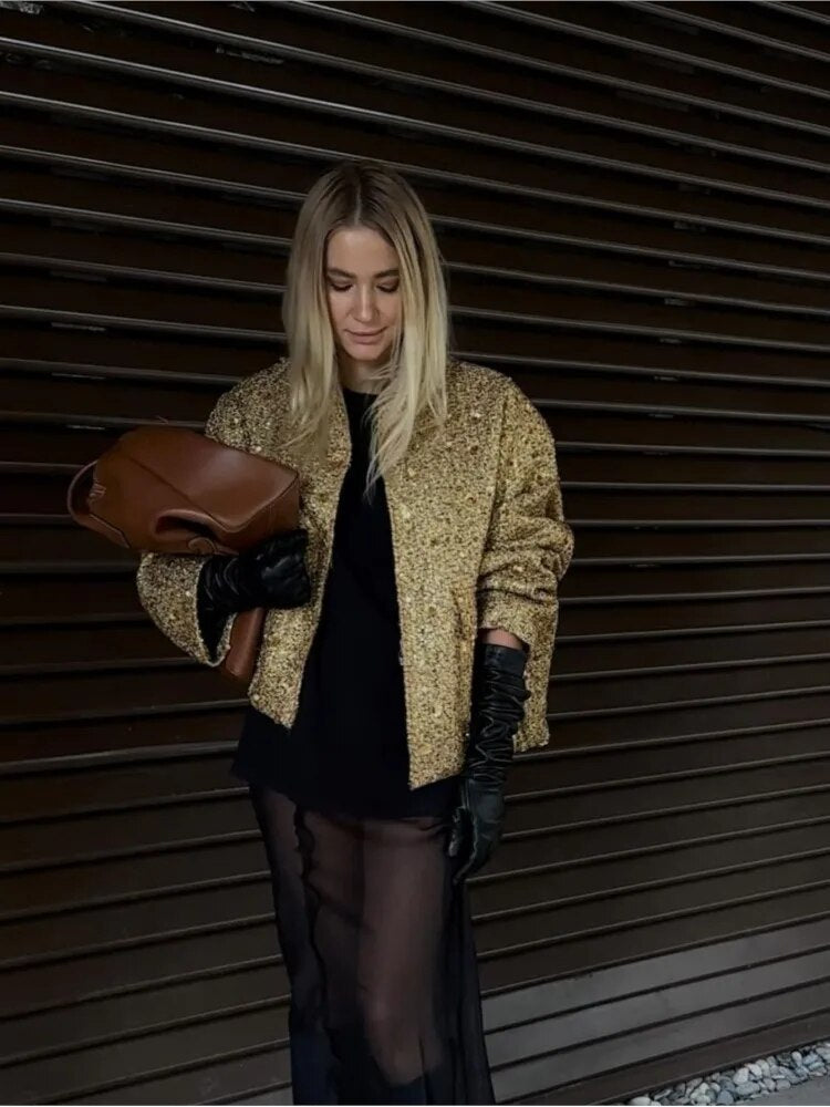 Valerie - Manteau Chic en Paillettes d'or Pour un Glamour Sans Faille