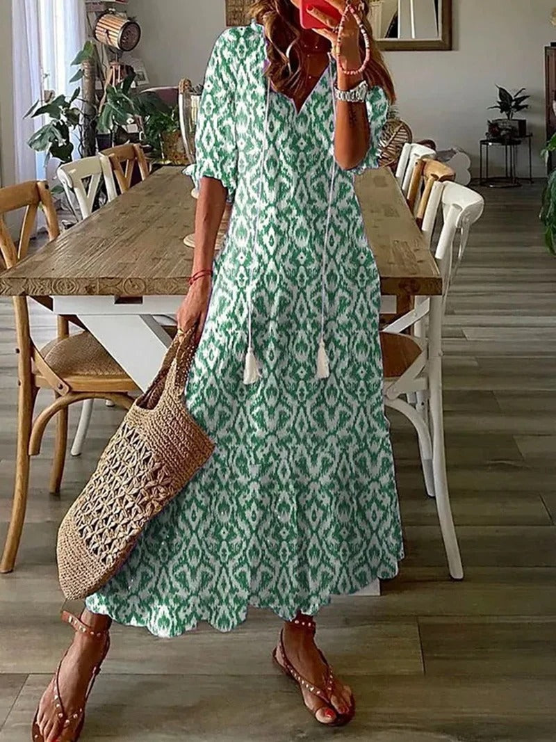 Zélie – Robe Maxi Bohème en Mousseline à Fleurs Décolleté en V et Manches Mi-Longues