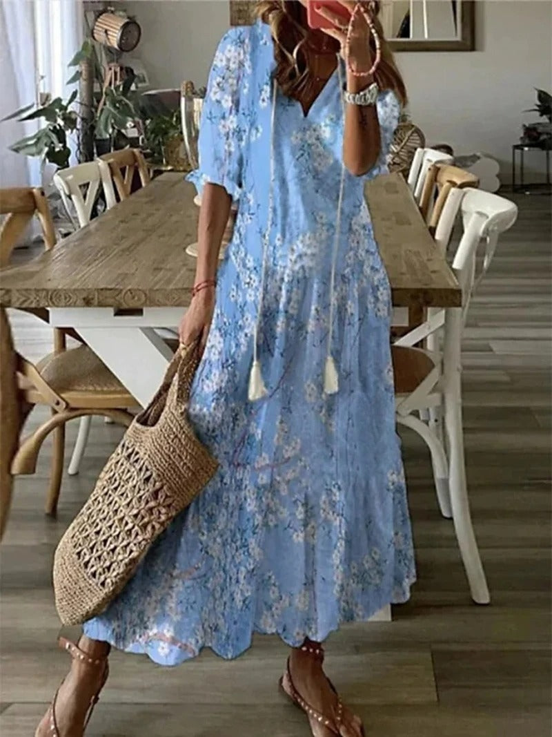 Zélie – Robe Maxi Bohème en Mousseline à Fleurs Décolleté en V et Manches Mi-Longues