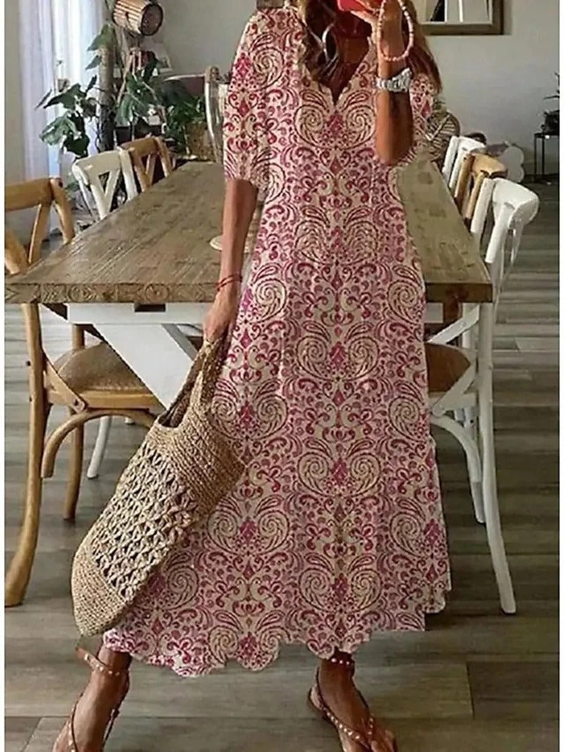 Zélie – Robe Maxi Bohème en Mousseline à Fleurs Décolleté en V et Manches Mi-Longues