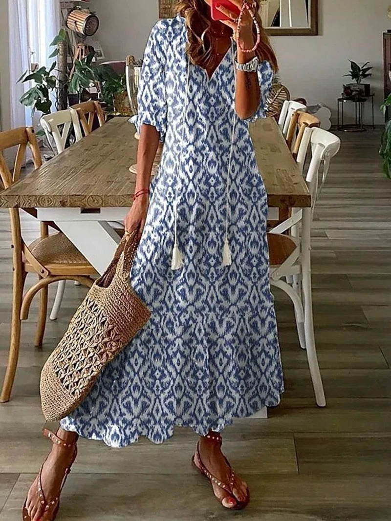 Zélie – Robe Maxi Bohème en Mousseline à Fleurs Décolleté en V et Manches Mi-Longues