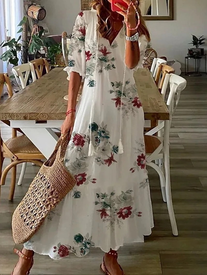 Zélie – Robe Maxi Bohème en Mousseline à Fleurs Décolleté en V et Manches Mi-Longues