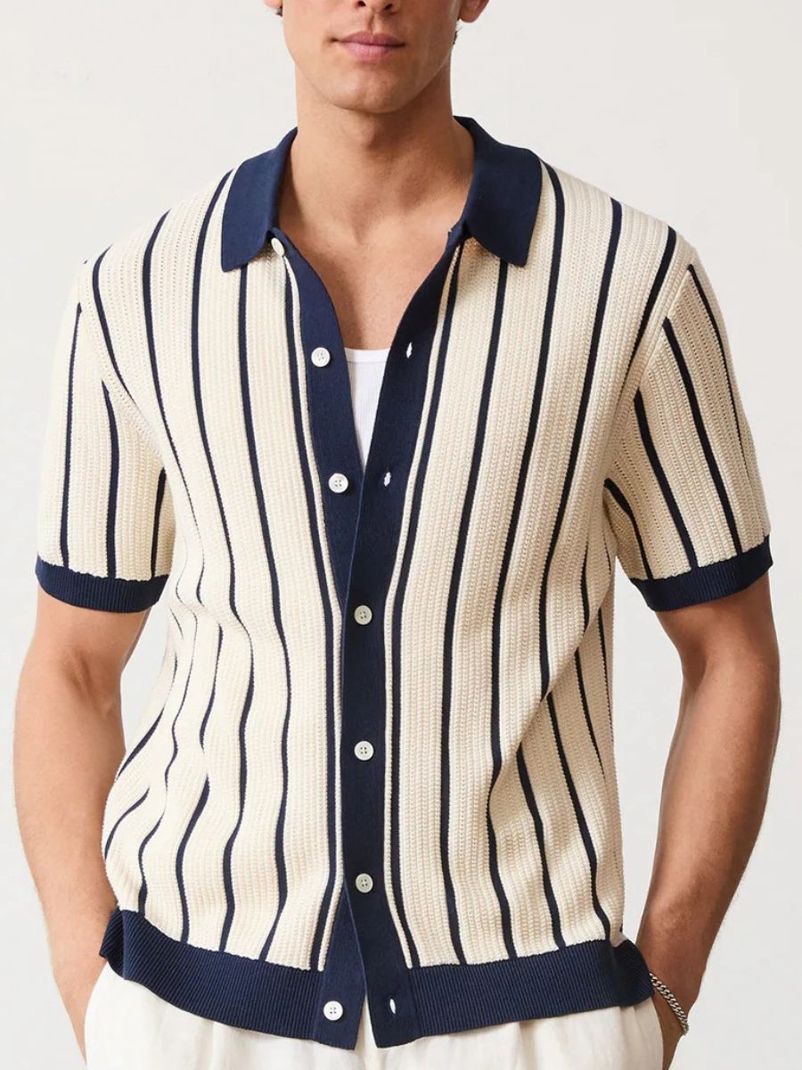 John - Polo Élégant Vintage Rétro avec Fermeture à Boutons et Lignes Verticales pour Hommes