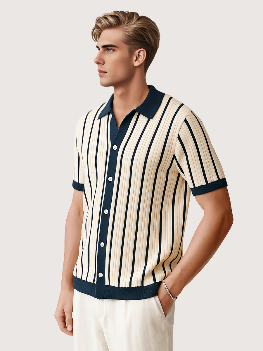 John - Polo Élégant Vintage Rétro avec Fermeture à Boutons et Lignes Verticales pour Hommes