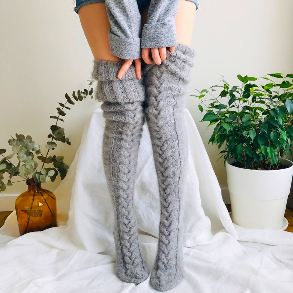 Charlize - Chaussettes Longues Tissées Romantiques d'hiver Jusqu'à la Cuisse avec Motif Tressé