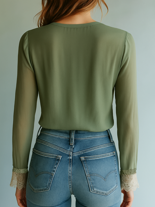 Féliciane - Blouse Romantique Bohème Chic à Fleurs Vert Minéral avec Détails en Dentelle pour Femmes