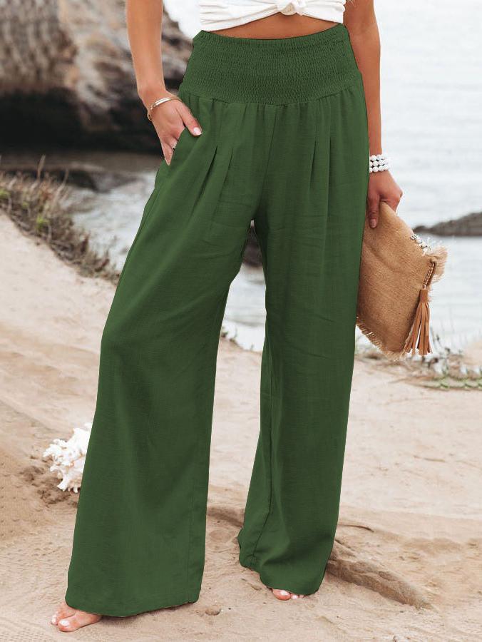 Seraphina - Pantalon d'Été en Lin Khaki avec Taille Élastique Large et Poches